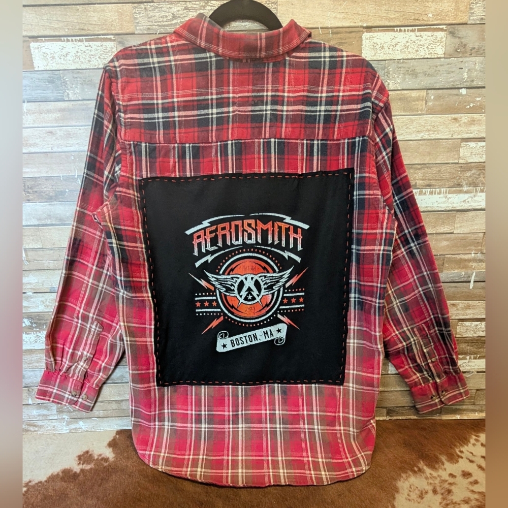 Aerosmith Upcycled Handcrafted Dip Dye Bleach Flannel Shirt